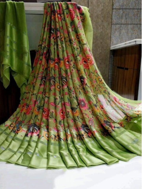 Women's Satin Patta Printed Saree With Unstitched Blouse (Green)