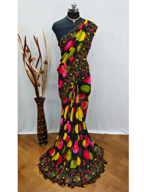 Women's Georgette Printed Saree With Unstitched Blouse (Black)