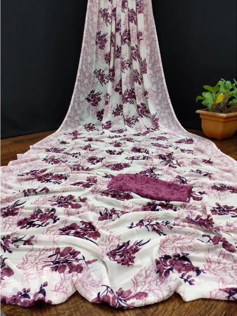 Women's Georgette Printed Saree With Unstitched Blouse (Pink)