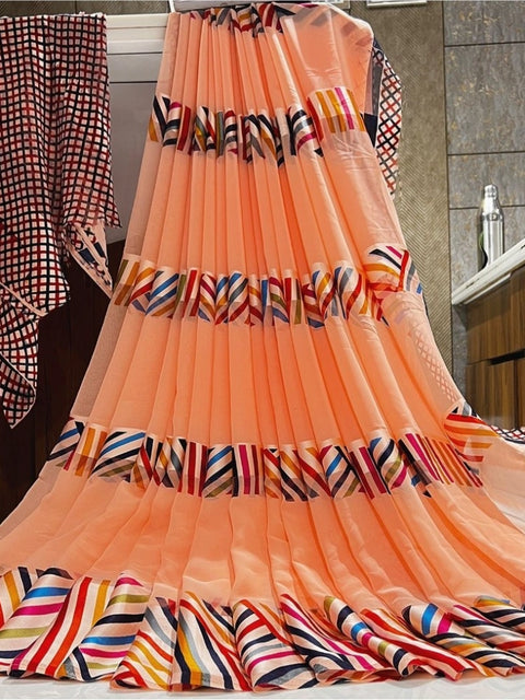 Women's Satin Patta Printed Saree With Unstitched Blouse (Peach)