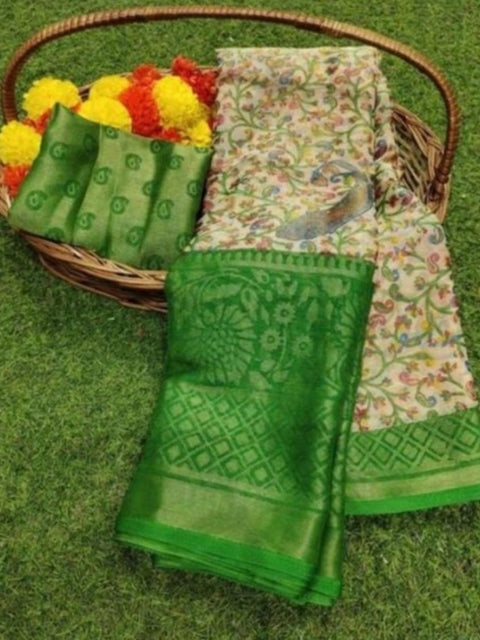 Women's Viscose Rayon Printed Saree With Unstitched Blouse (Green)