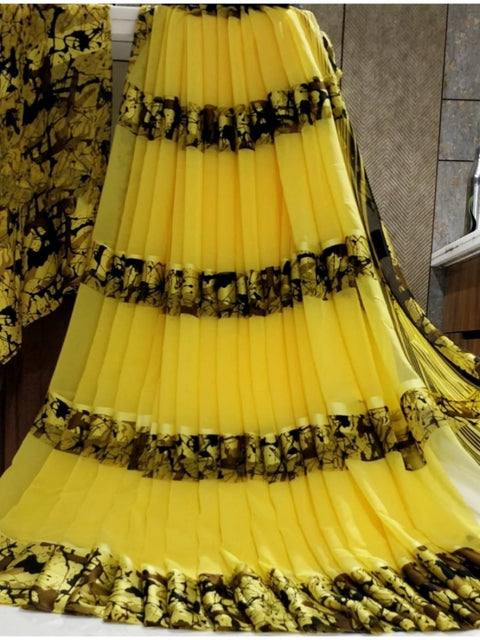 Women's Satin Patta Printed Saree With Unstitched Blouse (Yellow)