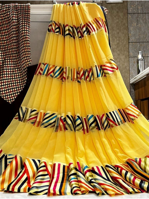 Women's Satin Patta Printed Saree With Unstitched Blouse (Yellow)