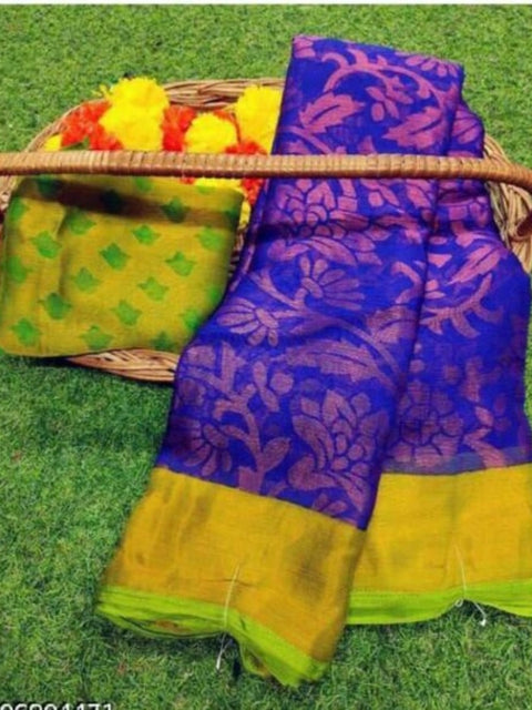 Women's Viscose Rayon Printed Saree With Unstitched Blouse (Royal Blue)