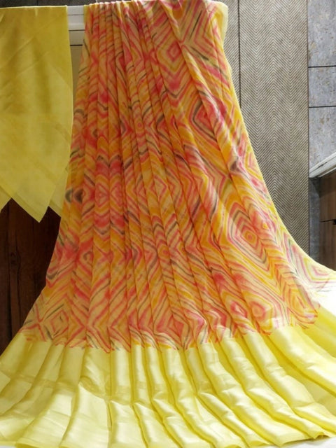 Women's Satin Patta Printed Saree With Unstitched Blouse (Yellow)