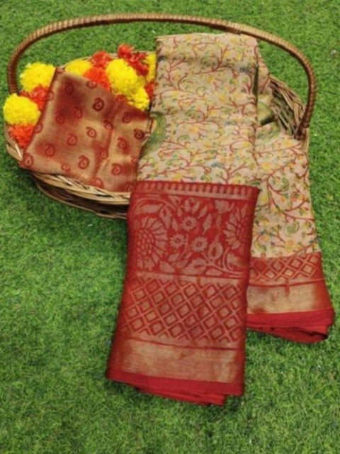 Women's Viscose Rayon Printed Saree With Unstitched Blouse (Red)