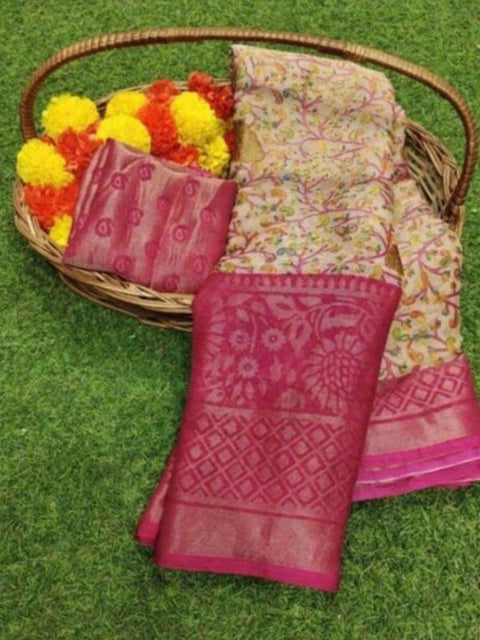 Women's Viscose Rayon Printed Saree With Unstitched Blouse (Pink)