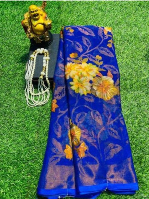 Women's Viscose Rayon Printed Saree With Unstitched Blouse (Royal Blue)