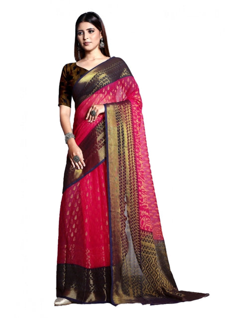 Women's Viscose Rayon Printed Saree With Unstitched Blouse (Pink)