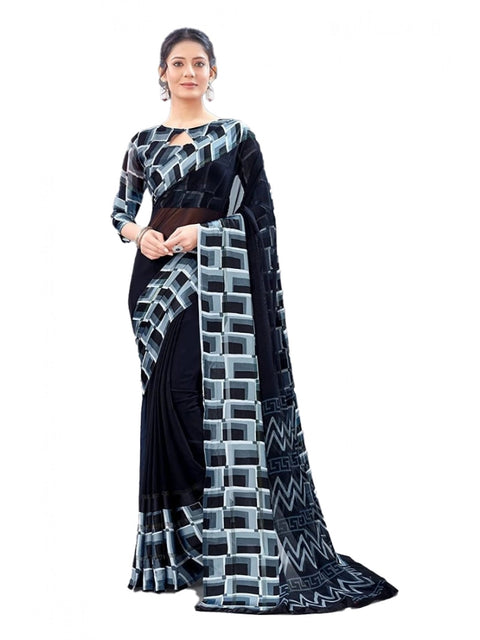 Women's Satin Patta Printed Saree With Unstitched Blouse (Black)