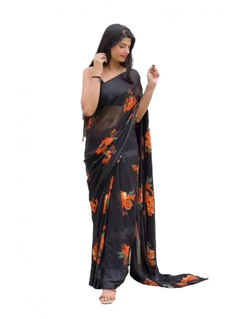 Women's Satin Patta Printed Saree With Unstitched Blouse (Orange)