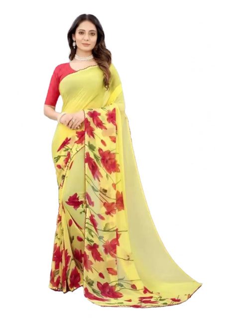 Women's Georgette Printed Saree With Unstitched Blouse (Yellow)
