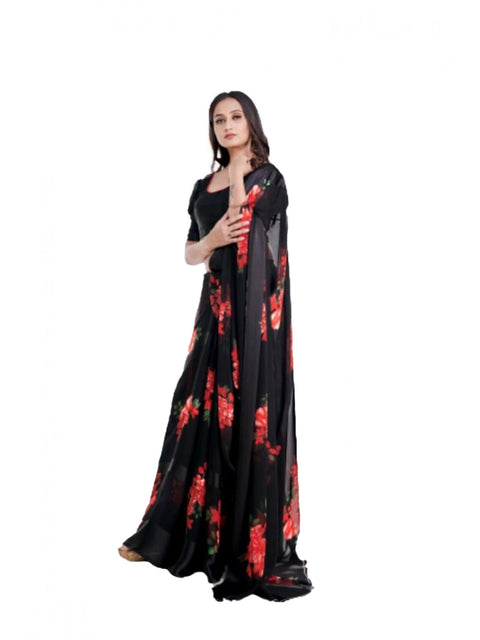 Women's Satin Patta Printed Saree With Unstitched Blouse (Red)