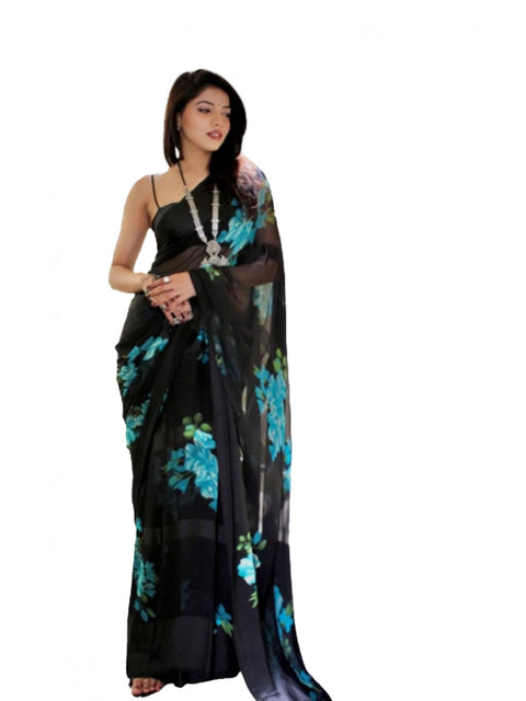 Women's Satin Patta Printed Saree With Unstitched Blouse (Blue)