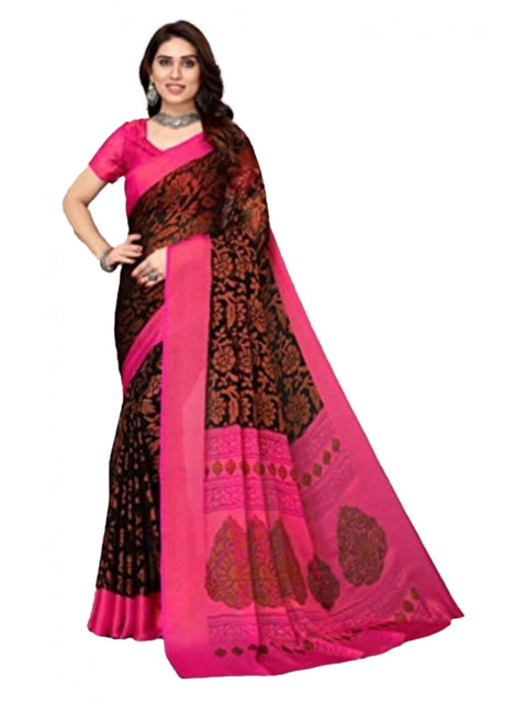 Women's Viscose Rayon Printed Saree With Unstitched Blouse (Black)