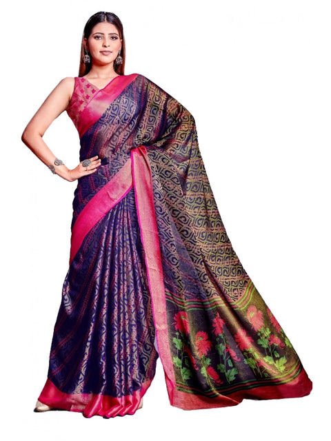Women's Viscose Rayon Printed Saree With Unstitched Blouse (Navy Blue)