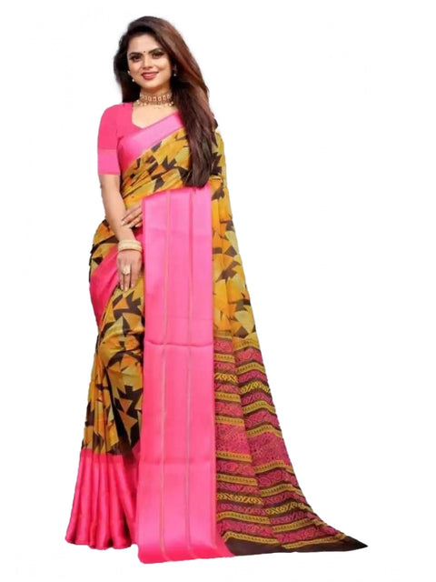 Women's Satin Patta Printed Saree With Unstitched Blouse (Pink)