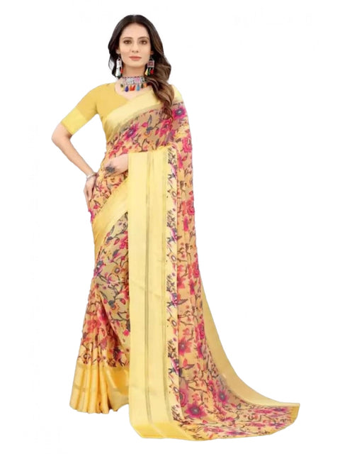Women's Satin Patta Printed Saree With Unstitched Blouse (Yellow)