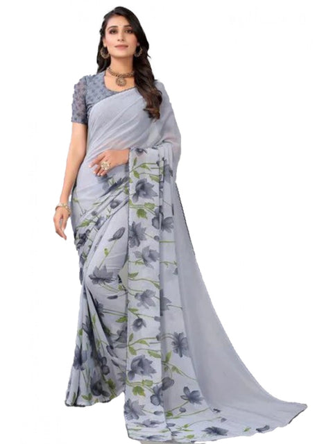 Women's Georgette Printed Saree With Unstitched Blouse (Grey)