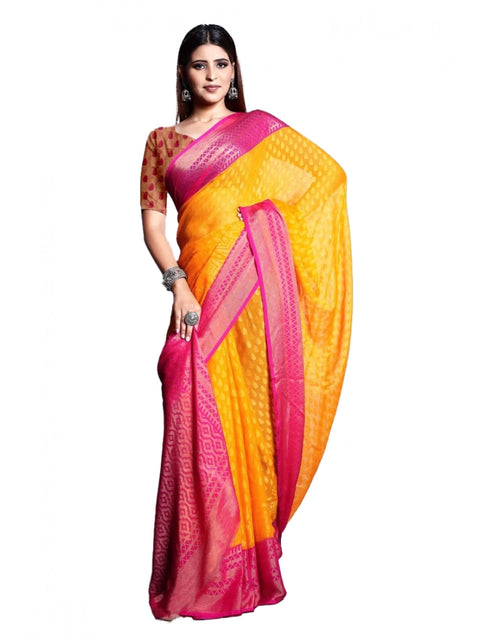 Women's Viscose Rayon Printed Saree With Unstitched Blouse (Yellow)