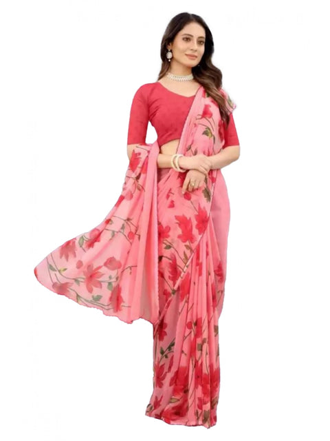 Women's Georgette Printed Saree With Unstitched Blouse (Red)