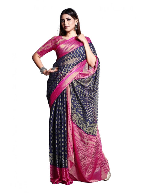 Women's Viscose Rayon Printed Saree With Unstitched Blouse (Navy Blue)