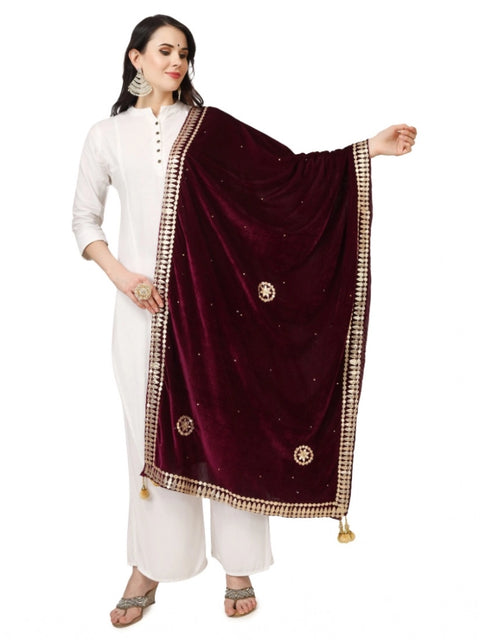 Generic Women's Velvet Gotta Patti Dupatta (Purple, Length: 2.25 to 2.50 Mtr)