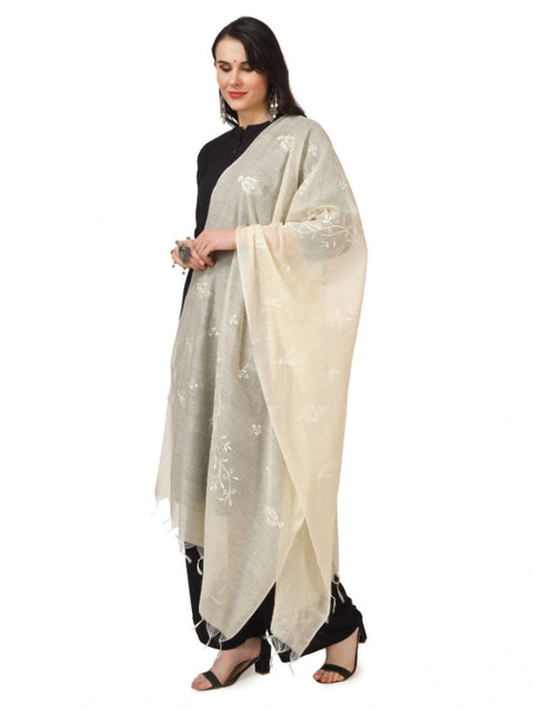 Generic Women's Cotton Embroidered Dupatta (Off-White, Length: 2.25 to 2.50 Mtr)