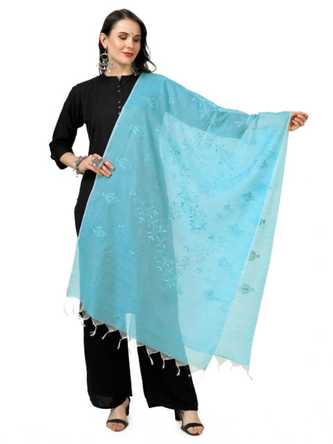 Generic Women's Cotton Embroidered Dupatta (Aqua Blue, Length: 2.25 to 2.50 Mtr)