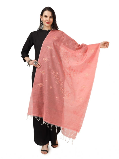 Generic Women's Cotton Embroidered Dupatta (Peach, Length: 2.25 to 2.50 Mtr)