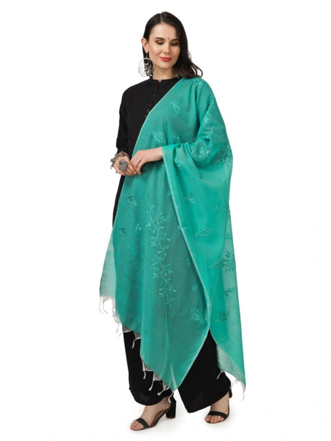 Generic Women's Cotton Embroidered Dupatta (Turquoise, Length: 2.25 to 2.50 Mtr)
