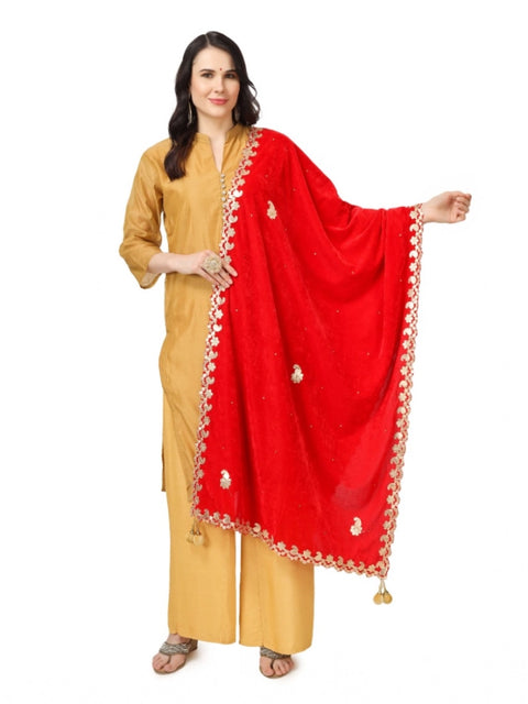 Generic Women's Velvet Gotta Patti Dupatta (Red, Length: 2.25 to 2.50 Mtr)