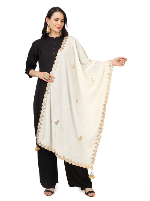 Generic Women's Velvet Gotta Patti Dupatta (Off White, Length: 2.25 to 2.50 Mtr)