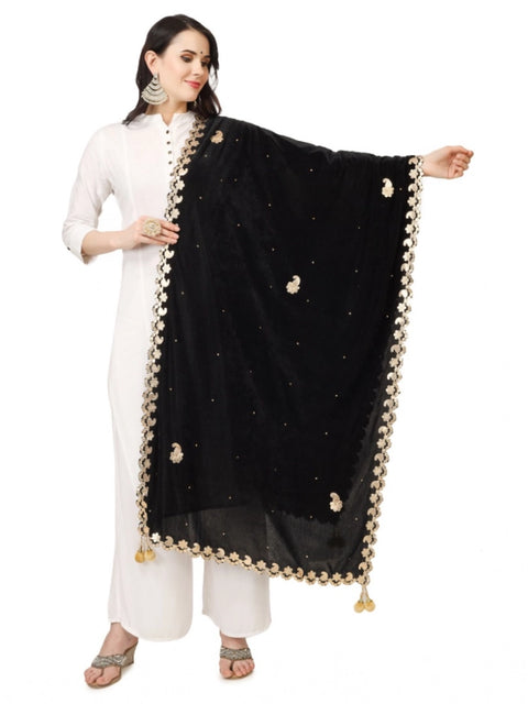 Generic Women's Velvet Gotta Patti Dupatta (Black, Length: 2.25 to 2.50 Mtr)