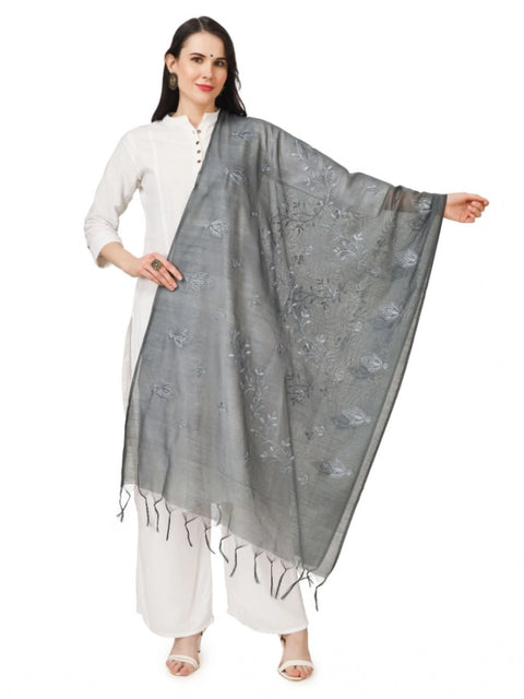 Generic Women's Cotton Embroidered Dupatta (Grey, Length: 2.25 to 2.50 Mtr)
