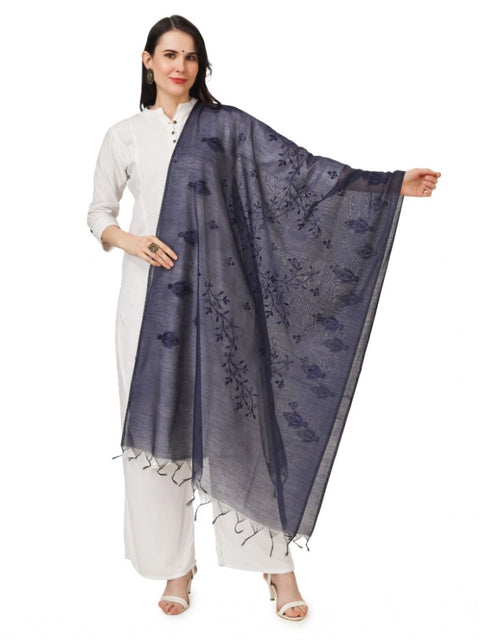 Generic Women's Cotton Embroidered Dupatta (Dark Blue, Length: 2.25 to 2.50 Mtr)