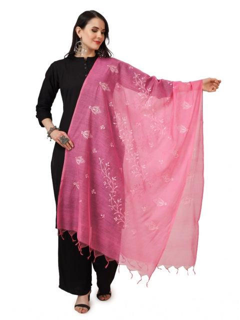 Generic Women's Cotton Embroidered Dupatta (Pink, Length: 2.25 to 2.50 Mtr)