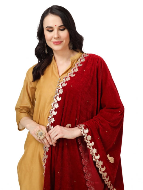 Generic Women's Velvet Gotta Patti Dupatta (Maroon, Length: 2.25 to 2.50 Mtr)