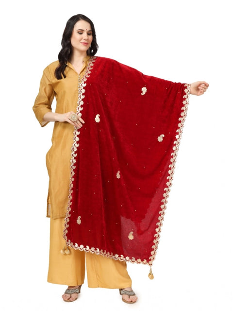 Generic Women's Velvet Gotta Patti Dupatta (Maroon, Length: 2.25 to 2.50 Mtr)
