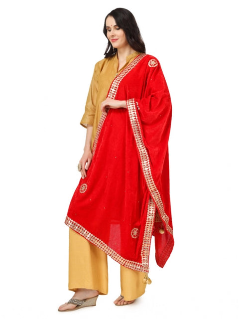 Generic Women's Velvet Gotta Patti Dupatta (Red, Length: 2.25 to 2.50 Mtr)