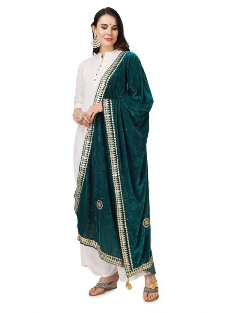 Generic Women's Velvet Gotta Patti Dupatta (Dark Green, Length: 2.25 to 2.50 Mtr)
