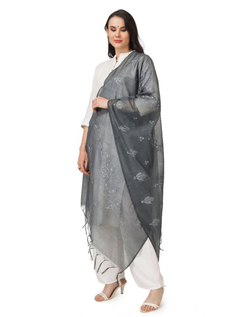 Generic Women's Cotton Embroidered Dupatta (Grey, Length: 2.25 to 2.50 Mtr)