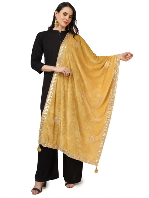 Generic Women's Velvet Gotta Patti Dupatta (Yellow, Length: 2.25 to 2.50 Mtr)