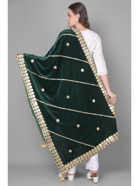 Generic Women's Velvet Gotta Patti Dupatta (Green, Length: 2.25 to 2.50 Mtr)