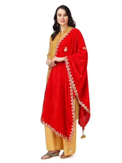 Generic Women's Velvet Gotta Patti Dupatta (Red, Length: 2.25 to 2.50 Mtr)