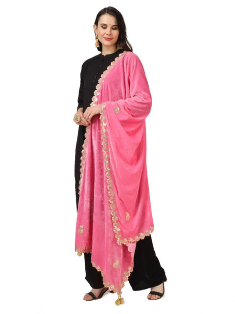 Generic Women's Velvet Gotta Patti Dupatta (Pink, Length: 2.25 to 2.50 Mtr)