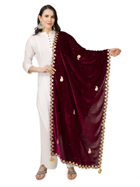 Generic Women's Velvet Gotta Patti Dupatta (Purple, Length: 2.25 to 2.50 Mtr)