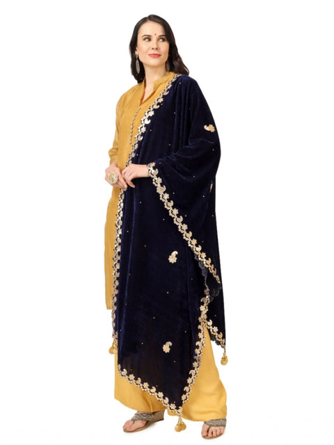 Generic Women's Velvet Gotta Patti Dupatta (Blue, Length: 2.25 to 2.50 Mtr)