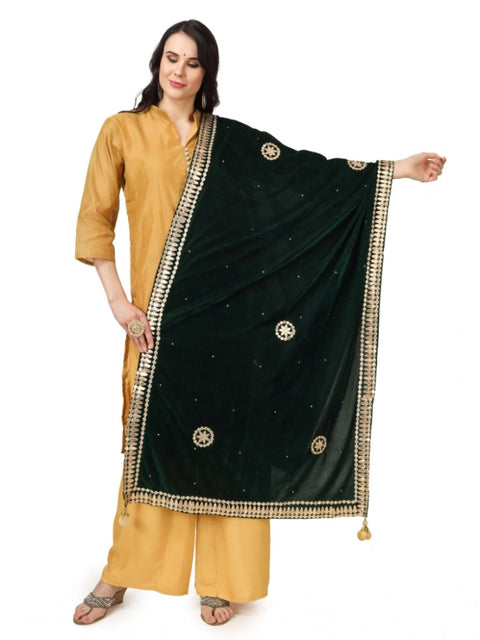 Generic Women's Velvet Gotta Patti Dupatta (Green, Length: 2.25 to 2.50 Mtr)