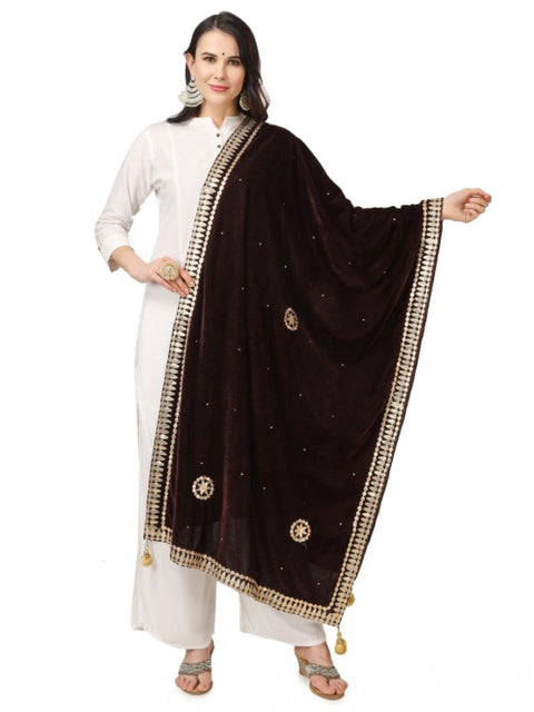 Generic Women's Velvet Gotta Patti Dupatta (Brown, Length: 2.25 to 2.50 Mtr)